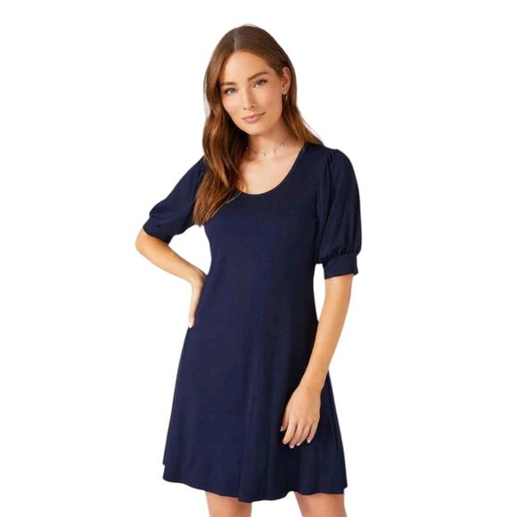 Karen Kane Erin Puffed Sleeve Preppy Coastal Navy A-Line Jersey Dress Petite SML - Picture 1 of 9